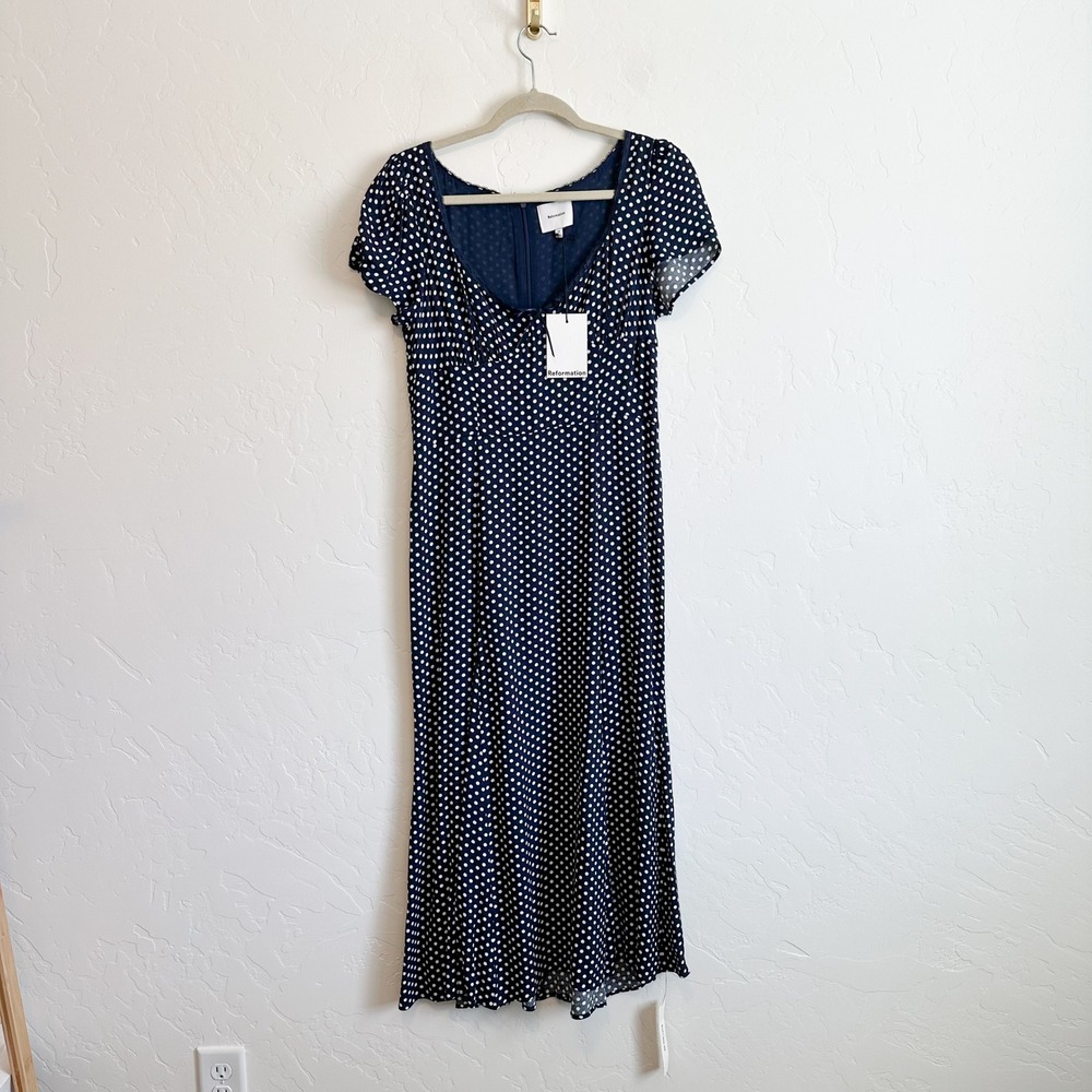 Reformation | NWT Afton Polka Dot Lace Trim Midi Dress in Blue Dream Dot size 10 - Picture 5 of 10